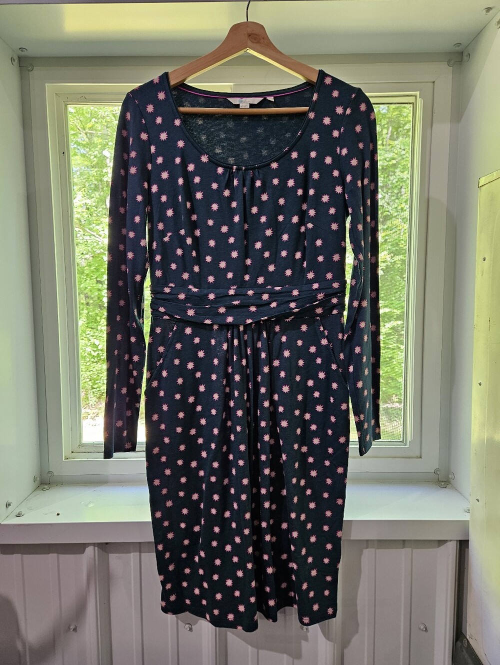 Boden Navy Long-Sleeve Dress with Pink Starburst Print